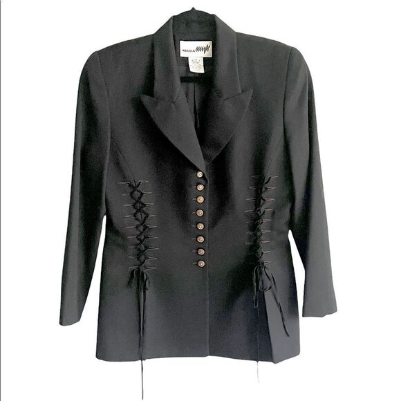 (SOLD) MARIOLA MAYER Black Vintage Wool Blazer Brown Lace Up Detail 12 - Picture 3 of 9